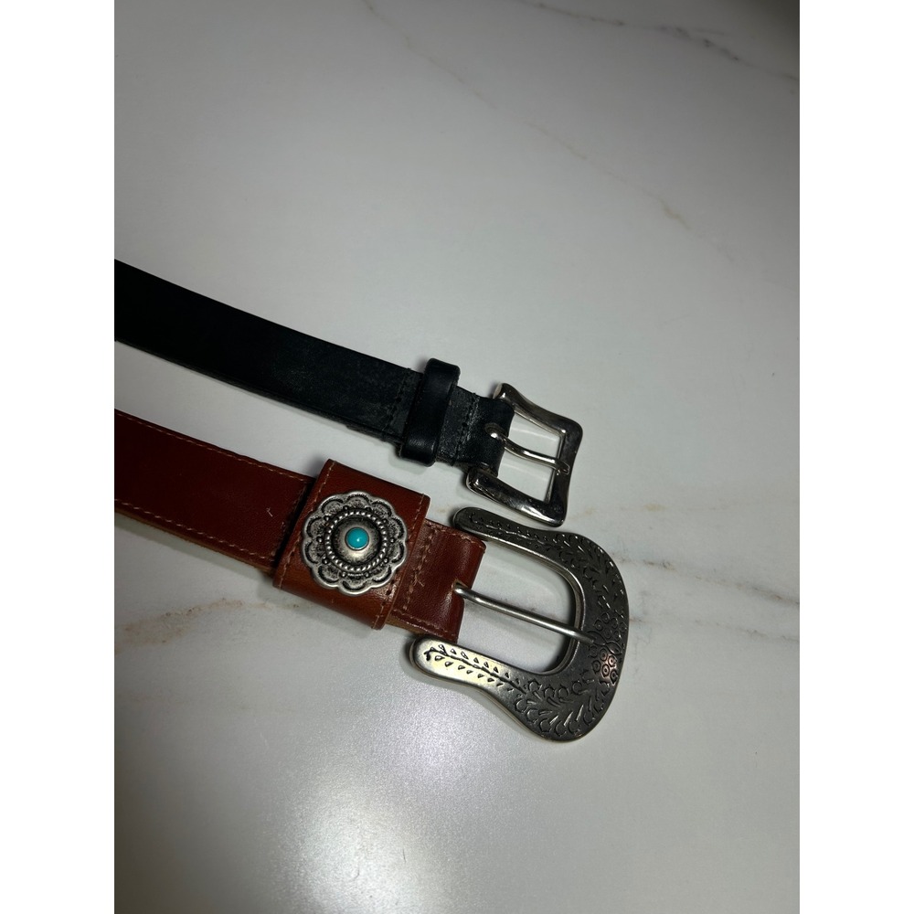 Eddie Bauer Black Leather Belt & Brown Turquoise Concho Western Belt Bundle L M